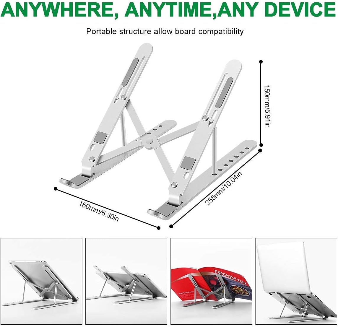 Adjustable Laptop Stand Notebook Riser Aluminium Foldable Portable Computer Book Stand for Desk Compatible with All Tablet and 10"-15" Devices: Electronics