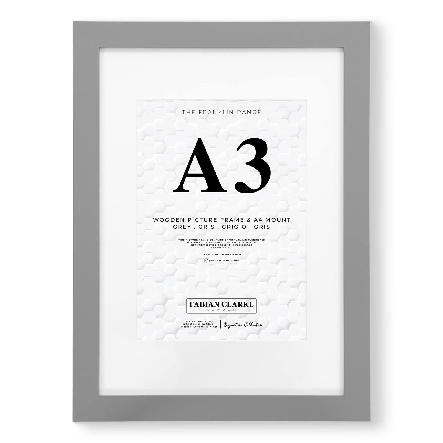 Fabian Clarke London® A3 Grey Picture Frame with White A4 Mount, Fits Noticeboard Poster, Photo, Print, or Certificate with Safety Glass Hang on Wall in Portrait or Landscape