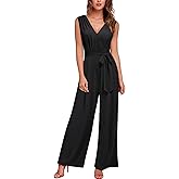 Knitee Women's Sleeveless Deep V Neck Ruched Wide Leg Jumpsuit Long Romper Belt with Pockets