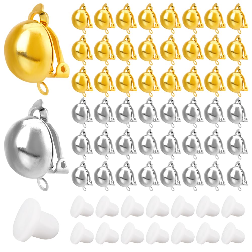 SOFPLATE 1 Box 40Pcs Earring Converter Brass Clip on Earrings & 40Pcs Ear Cushions Gold Silver Non-pierced Earrings Components with Loop jewellery Findings for DIY Earring Making Crafts Women Supplies