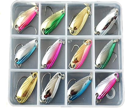 12 De La Cebo Señuelo De Pesca Cuchara De Una Caja De Metal Portátil con Lentejuelas