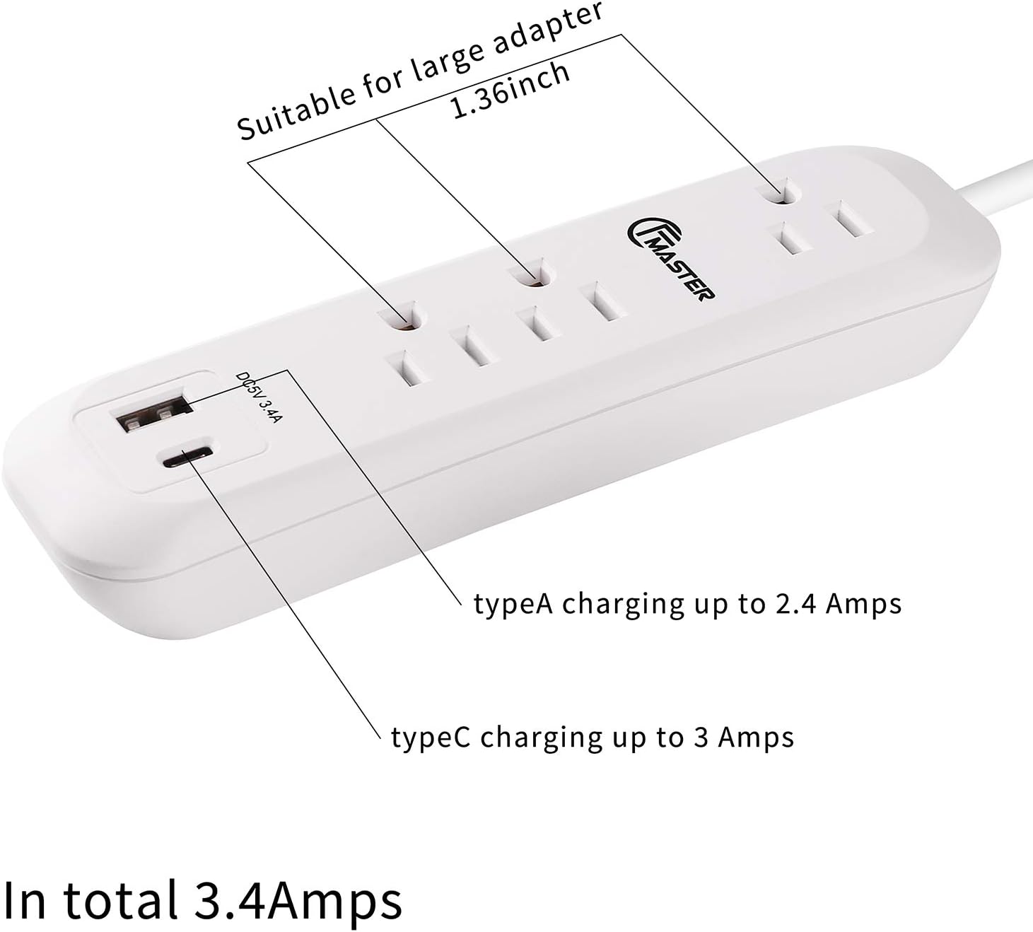 USB Power Cord Extension 6Ft with 3.4a/5V) A+C (Type Ports Charging USB