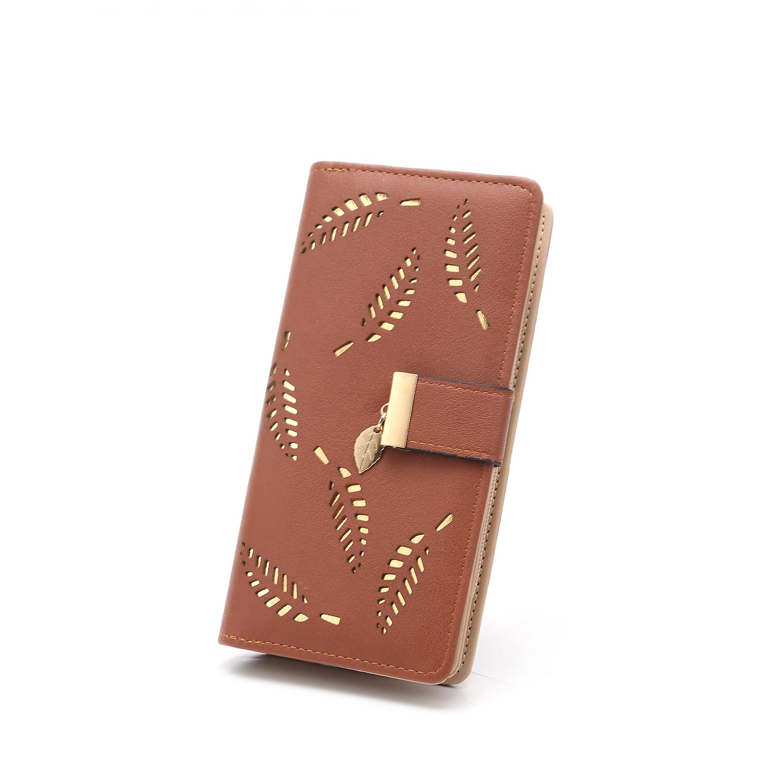 CHAOFANXI Women's Wallet Hollow Leaf Pattern Bifold Leather Lady Long Wallet Purse Zip Birthday Xmas Gifts for Women GirlsBrown
