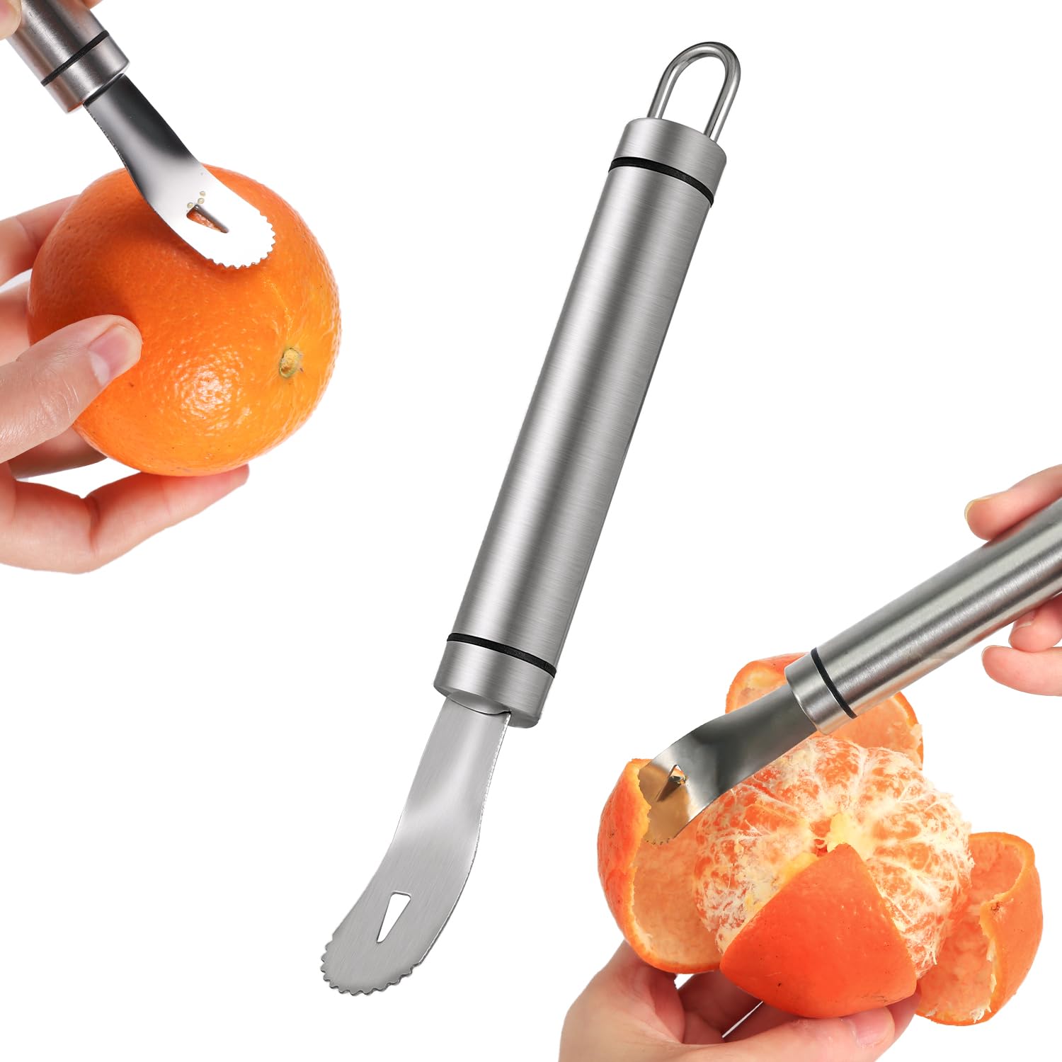 PEUTIER Stainless Steel Orange Peeler, Long Handle Serrated Citrus Peeler Orange Slicer Easy Fruit Opener Peeling Tool Multifunctional Kitchen Gadget for Lemon, Pomegranate, Grapefruit, 13112