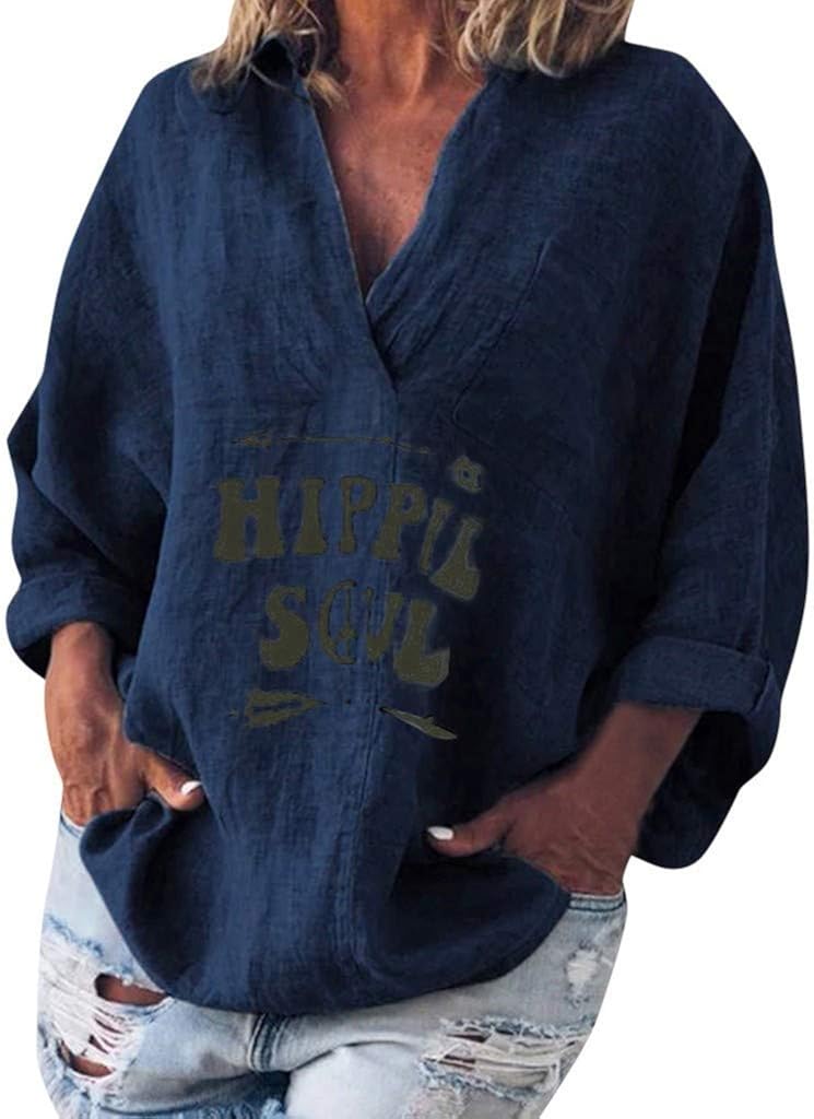 Aniywn Women V-Neck Linen Blouse T-Shirt Loose Solid Simple Pullover Top