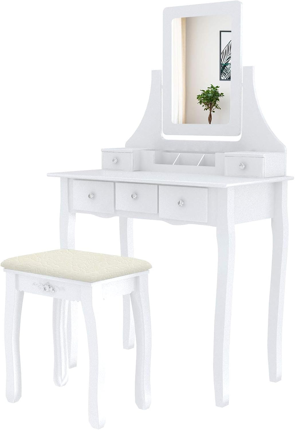 White Vanity Desk With Cushioned Stool For Bedroom Bathroom Makeup Dressing Table Set For Girls Women Vanity Set With 5 Drawers And Mirror Vanities Vanity Benches Bedroom Furniture