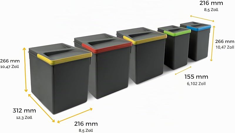- Küchenschubladenbehälter mit geruchsdichtem Deckel, H 266 mm (3 x 15 L + 2 x7 L), Kunststoff anthrazitgrau