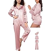 WJing Yi Jia Womens 4Pcs Satin Pajamas Set Silk Pajama Sets Silky Sleepwear Long Pj Set Loungewear Soft Pjs Nightwear XS-XXL