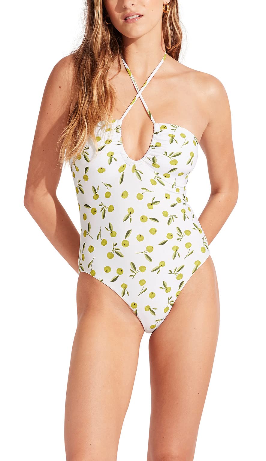Seafolly Women’s Standard Bandeau Halter One Piece Swimsuit, Summer Crush Soft Olive, 6