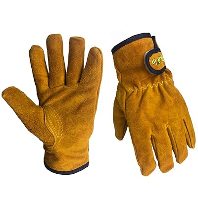 DXDIN Leather Work Gloves Heavy Duty Cowhide Safety Work Glove 100% Cotton liner Tough Construction Gloves with Adjustable Wrist(1 pair size M)