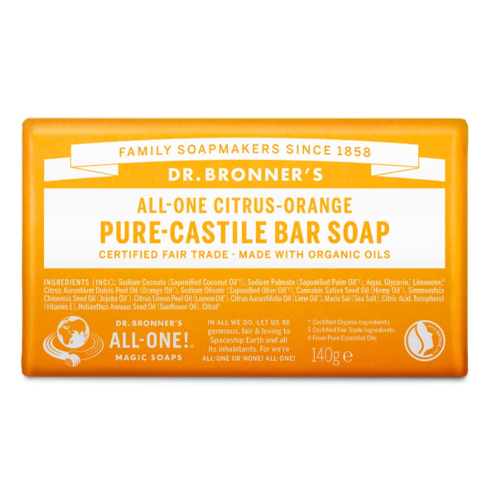 Dr Bronner's Citrus Orange Pure Castile Bar Soap, Made with Organic Oils and No Synthetic Fragrances, Used for Face, Body and Hair, Certified Fair Trade & Vegan Friendly, 140g Bar