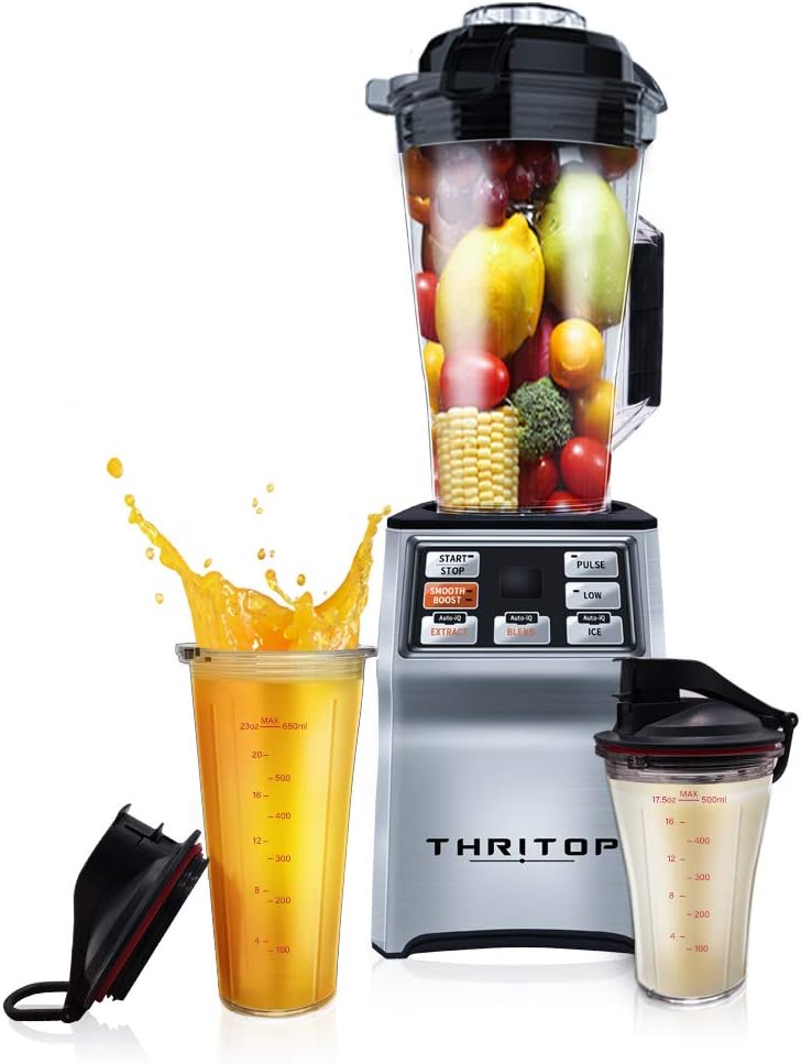 THRITOP Countertop Blender, Professional Commercial Blender with 1000-Watt Base, 50oz Total Crushing Pitcher and 2 Portable Bottles for Frozen Drinks and Smoothies