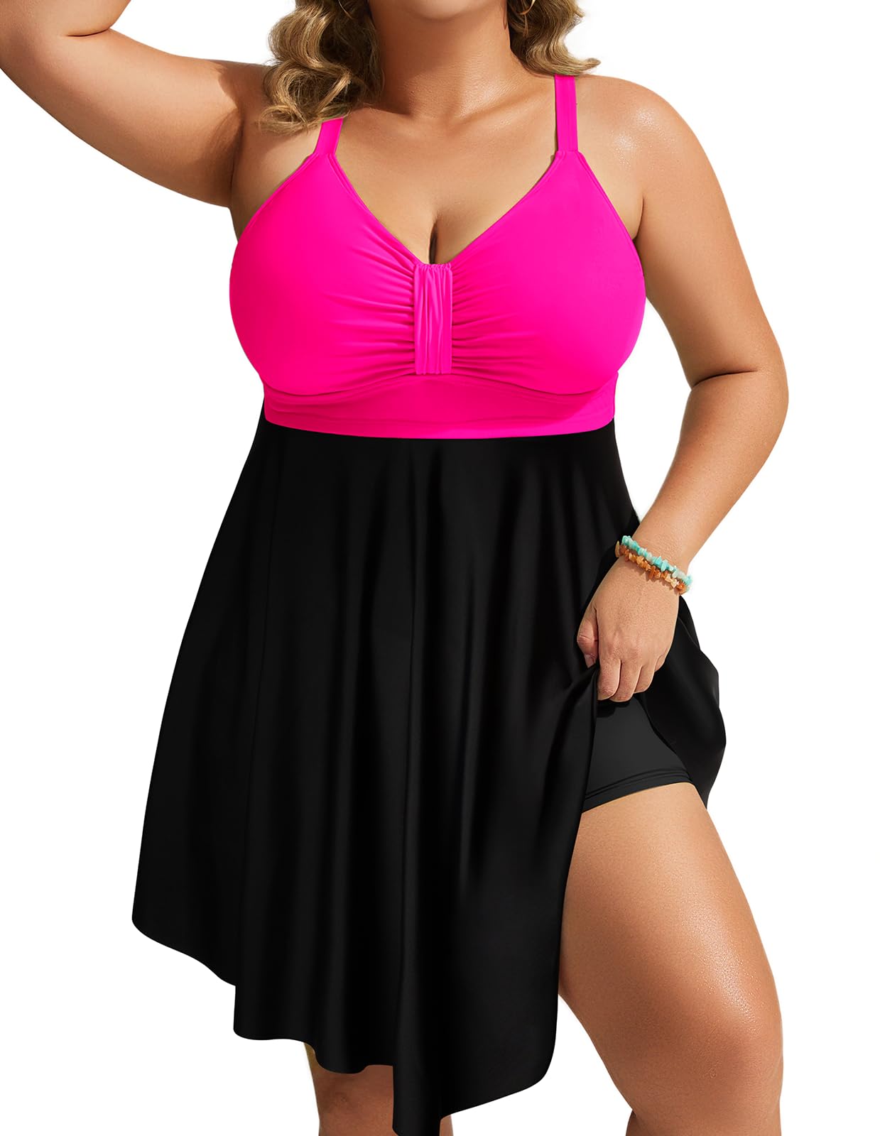 Hanna Nikole Womens Plus Size One Piece Swimdress Tummy Control Bathing Suit Bodyshape Swimwear with Irregular Hem Rose Pink Black 3X Image