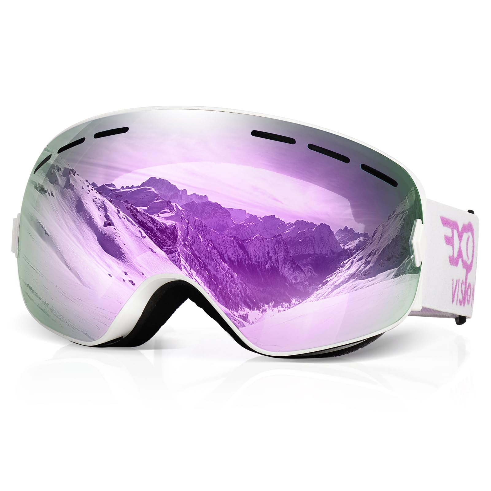 EXP VISION Snowboard Ski Goggles Men Women Youth, Anti Fog OTG Winter Snow Goggles Spherical Detachable Lens (Light Purple)