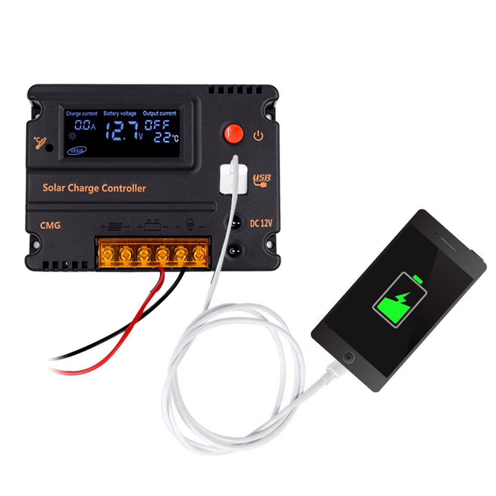 COSSCCI 10A 12V/24V Solar Charge Controller, Solar Panel Battery Intelligent Regulator Auto Switch, LCD Display Intelligent USB Port, Overload Protection &Temperature Compensation