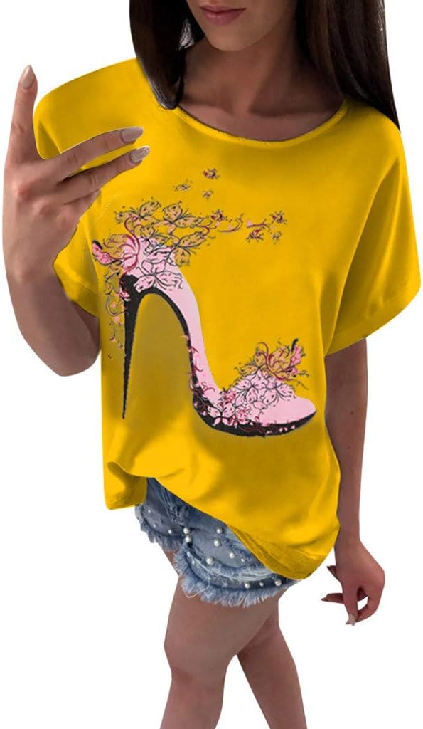 Women's Cute Print T-Shirt,Summer Casual Short Sleeve High Heels Printed Tops Loose Blouse T-Shirt Loose Fit Comfy Tops
