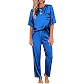 Ekouaer Womens Satin Silky Pajama Set Short Sleeve Shirt with Long Pajama Pant Set Soft PJ Loungewear