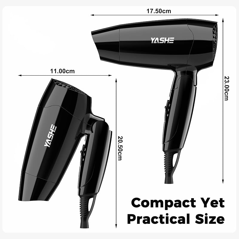 Mini Sèche-Cheveux Pliable de Voyage, Sèche-Cheveux Compact 1200W Avec 2 Réglages de Chaleur et Vitesse, Buse de Précision, Cordon 1,8 m, Léger Pour Voyage, Maison, Hôtel ou Dortoir, Noir