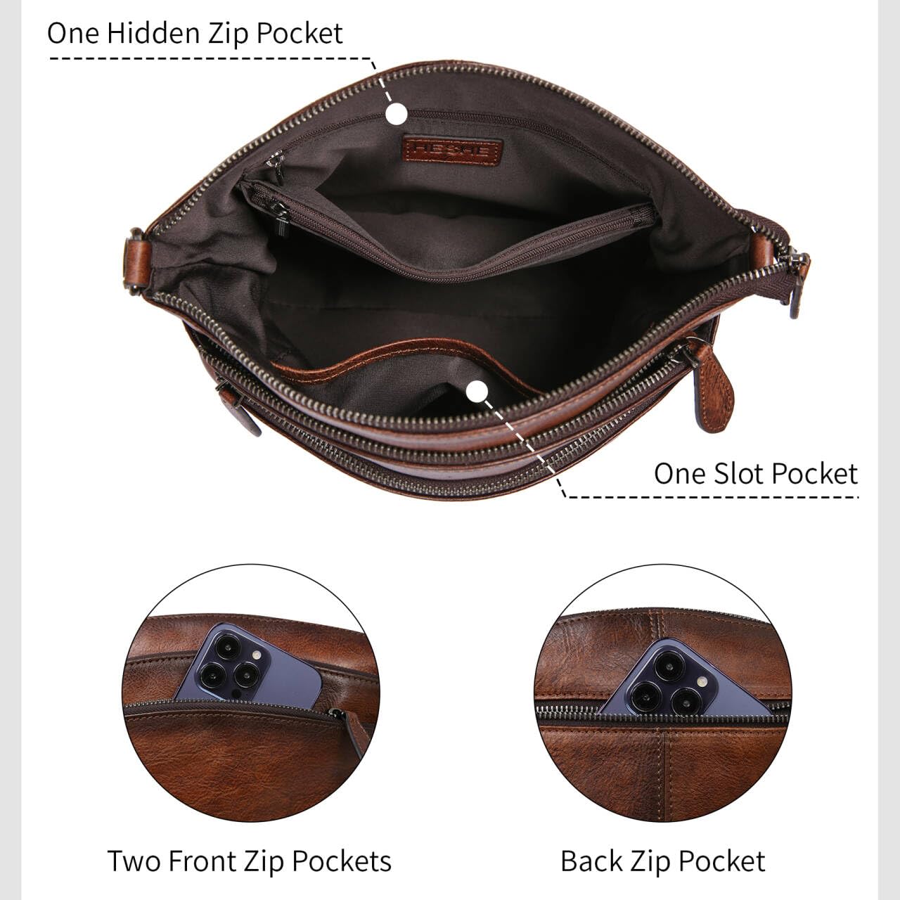 HESHE Crossbody Bags for Women Genuine Leather Purses with Multi-Pockets Vintage Ladies Small Shoulder Satchel Bag