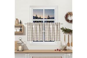 Bapawfish Beige Buffalo Plaid Cafe Curtains Farmhouse Tiers Kitchen Curtain 24 Inches Long, Flax Rustic Gingham Check Small Window Short Drapes for Kitchens Bathroom, 28" x 24", Beige, Set of 2