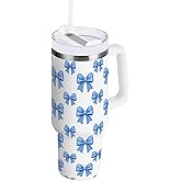 ARGTILDN Blue Coquette Ribbon Bow 40 oz Tumbler with Handle Straw Lid | Insulated Cup Reusable Stainless Steel Water Bottle Travel Mug Cupholder Friendly | Gifts for Women Men Him Her | Trek Collecti