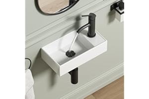 Wall Mount Bathroom Sink, QISHKA 16.1" x 8.5" Modern Ceramic Rectangular Floating Sink, White Rectangle Wall Hung Wash Basin Vessel Sink, Save Space for Bathrooms (Right Hand)