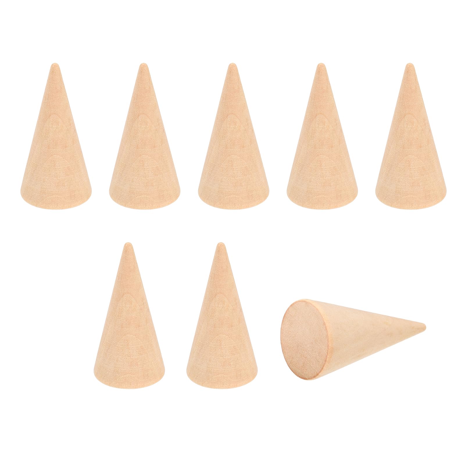 PATIKIL Wood Cone Ring Holder, 8Pcs Wooden Finger Jewelry Ring Display Stand Organizer Wood Cones Rack for DIY Art Crafts, Wood Color (50x25mm)