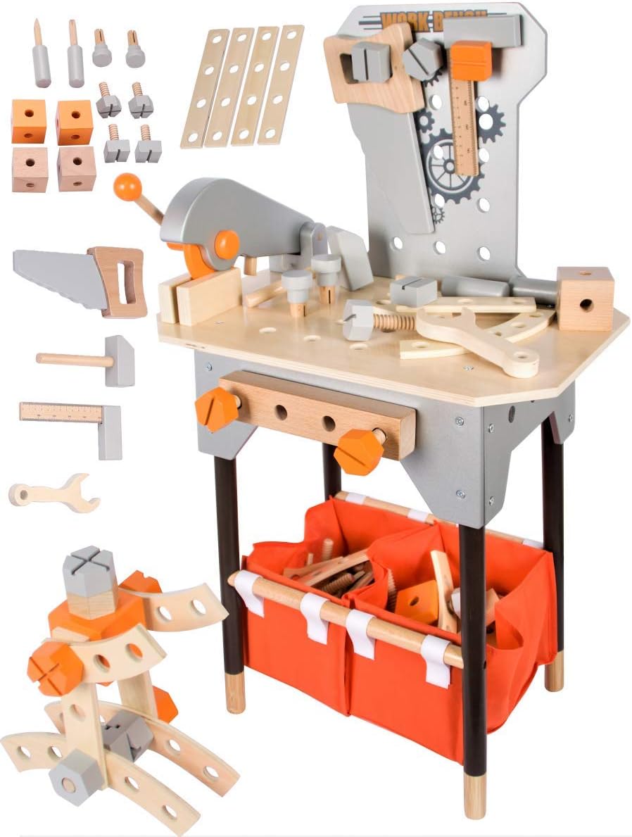 Dodo Toys Big Wooden Childrens Workbench | Play Sets | Over 100 Pcs Acessories | Moving Saw | DIY Role Play For Kids