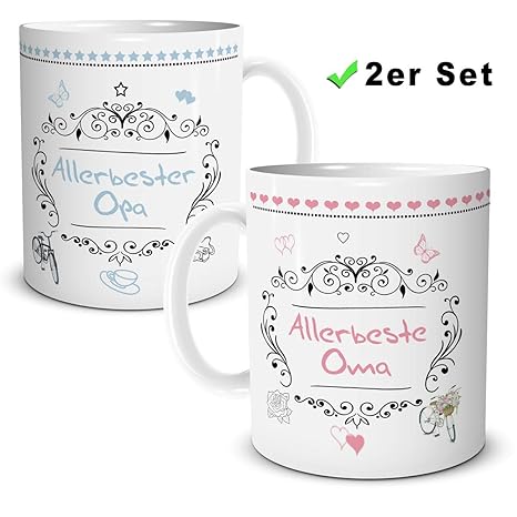 2er Set Tassen für Oma und Opa, Geschenkset für Großmutter und Großvater, 300 ml Tasse aus Keramik im weiß Bunten Digitaldruc