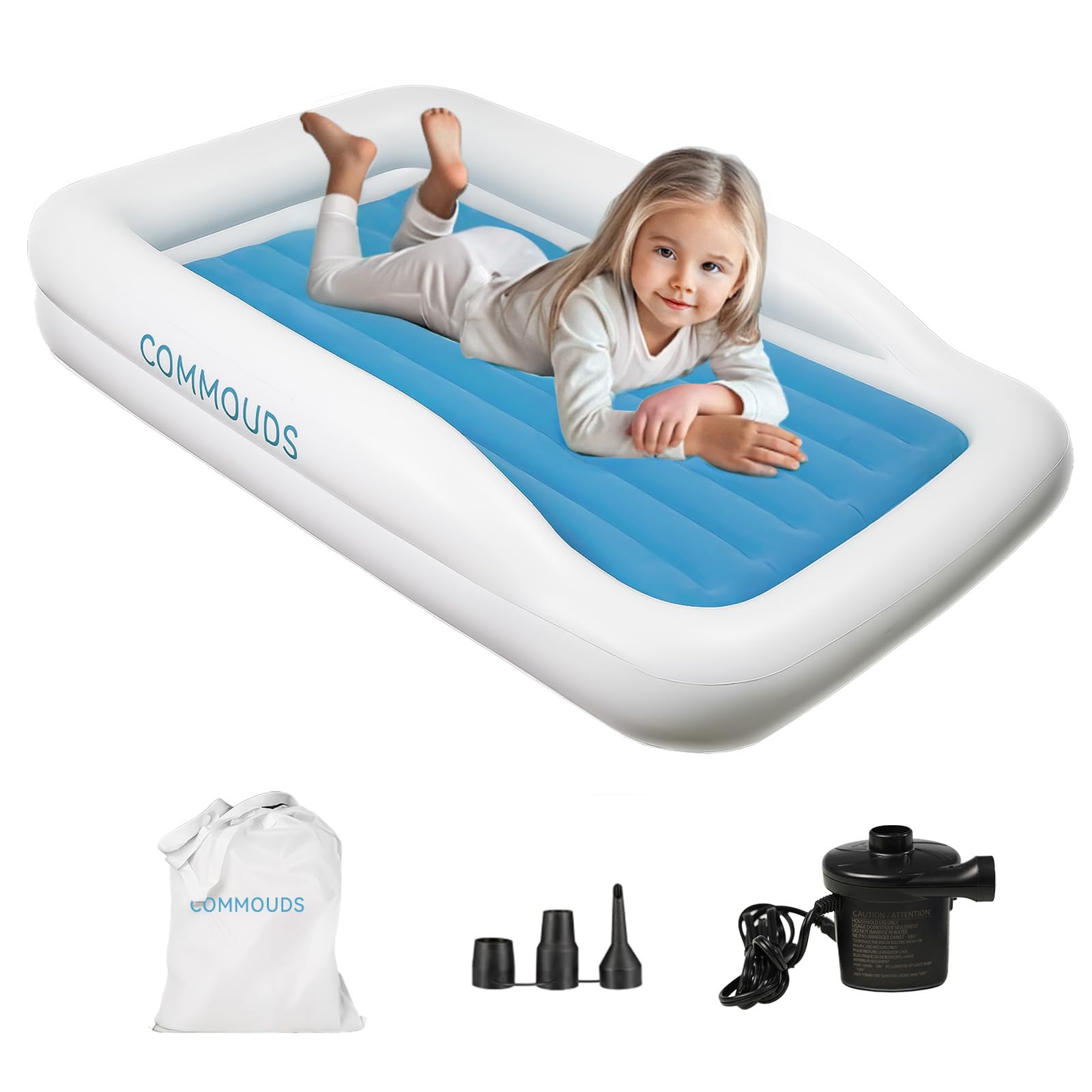 Photo 1 of COMMOUDS Portable Toddler Travel Bed with Safety Bumpers, Inflatable Kids Air Mattress with Electric Pump, Baby Blow up Mattress, for Grandma's Home Camping Vacation