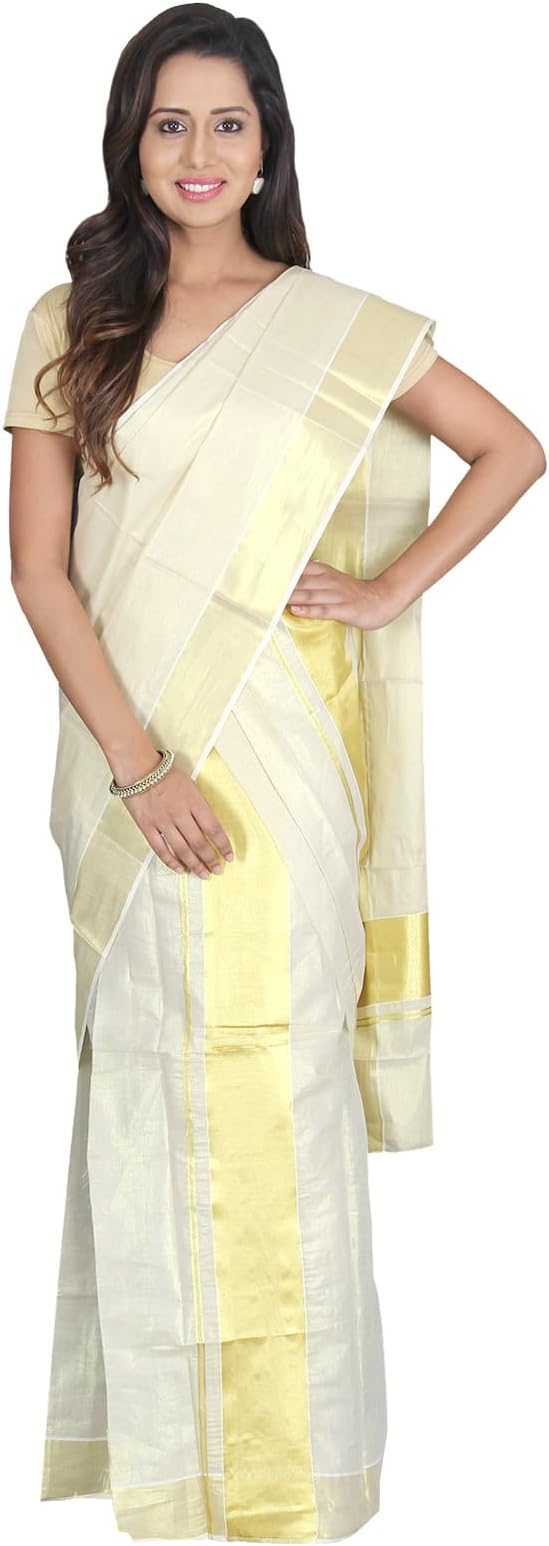 K S Collection Women's Kasavu Cotton & Art Silk Mundu Saree With Blouse Piece (KSC-S-024_Off-White)