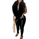 TWEOVIA Womens Feather Deep V Neck Jumpsuits Halter Sleeveless Backless Bodycon Pants Set Romper Club Party Night Outfits
