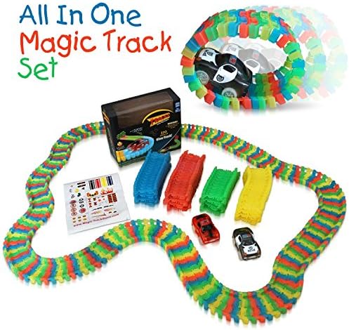 Tomi Tracks Glow in the Dark Race Car Track - 220 Flexible Pieces (11 Feet) of Cartrack - 2 Light Up Cars - Easy Assembly Toy - Racetrack Play Set Provides Kids With Hours of Car Racing Magic