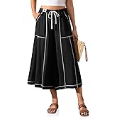 TARSE Womens Linen Skirt Pants Wide Leg Capri Culottes Boho Summer Casual Vacation Palazzo Pants with Pocket