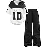 Floerns Girl's Two Piece Outfit Y2k Number V Neck Jersey Shirts with Cargo Pants Set