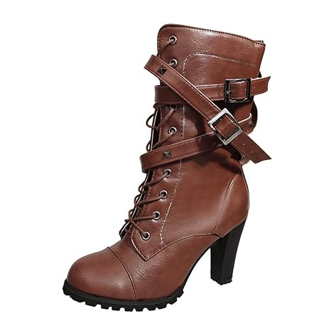 MYMYG Frauen Stiefeletten Damen Niet Gürtel High Heels Mitte der Wade Motorradstiefel Schuhe Winter Herbst warme Stiefel Plat