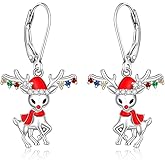 Christmas Reindeer Earrings for Women Sterling Silver Red Santa Deer Dangle Drop Leverback Earrings Colored Antler Holiday Xmas Jewelry Gifts