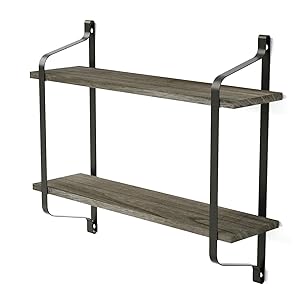 Love-KANKEI Floating Shelves Wall Mounted Industrial Wood Wall Shelves for Pantry Living Room Bedroom Kitchen Entryway, 2 Tier Heavy Duty Book Shelf Weathered Grey