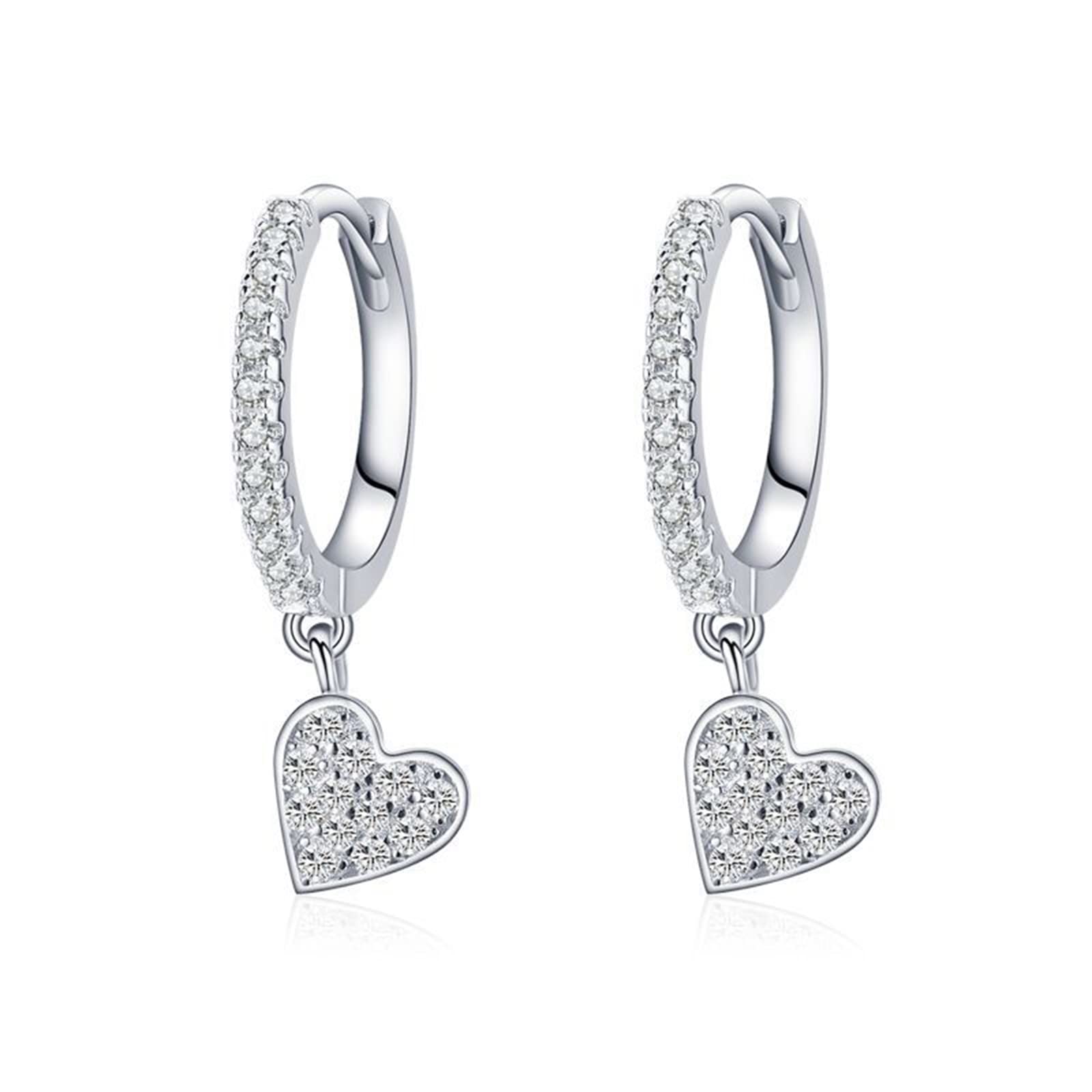 Bo Win 925 Sterling Silver Earrings Heart Dangle Drop Earrings Heart Hoop Earrings with Sparkling Cubic Zirconia Love Heart Dangle Earrings Dangling Silver Hoops Earrings for Women Teen Girls
