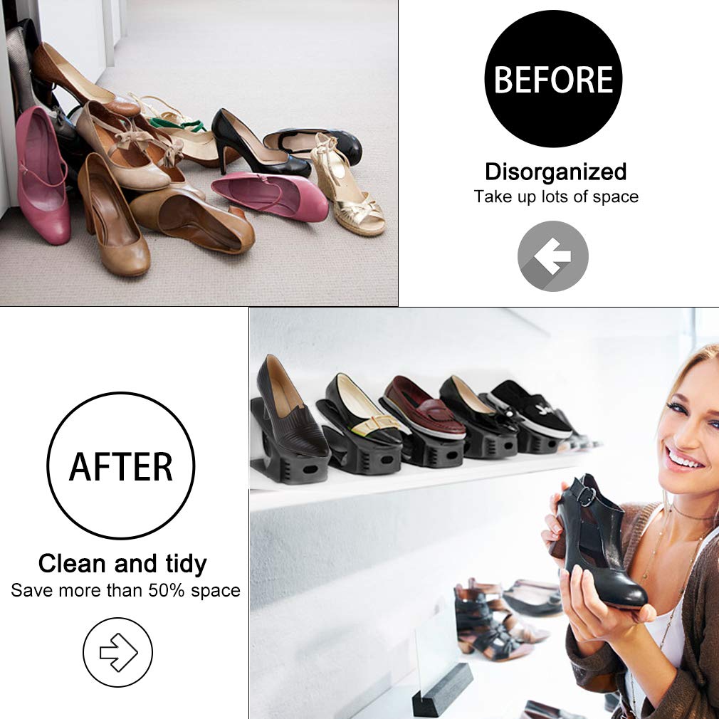 Einstellbare Schuh Slots für Schuhregale und Schrank, 8 Stück Platzsparende Schuhstapler/Schuhhalter Set, Verstellbare Schuh Veranstalter - Kunststoff Schuh Organizer Space Saver (Schwarz)