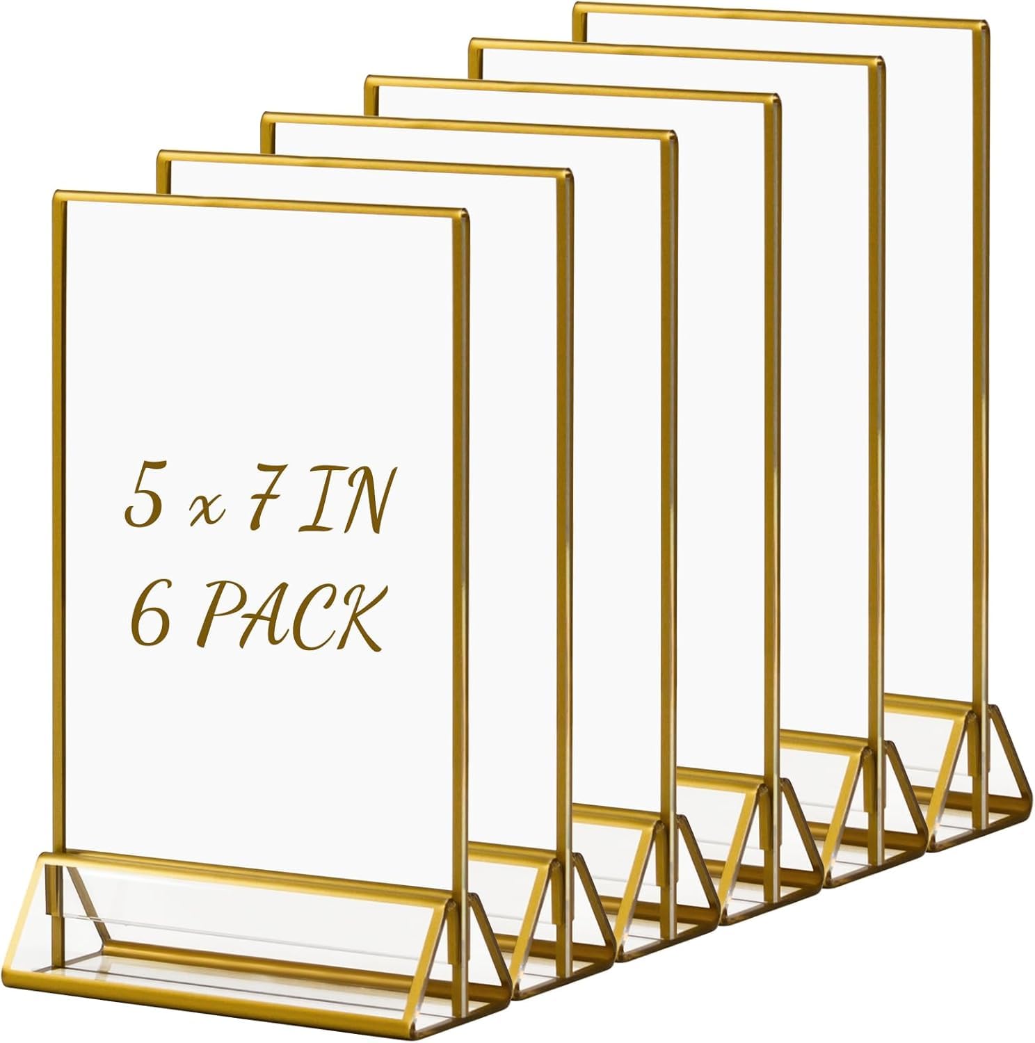 Boxalls Gold Border Acrylic Sign Holder, 5x7 inch/ 13x18 cm Vertical Acrylic Picture Frames Clear Double Sided Holder for Restaurant, Wedding Table Menu Recipe Cards Photo Display 6 Pack