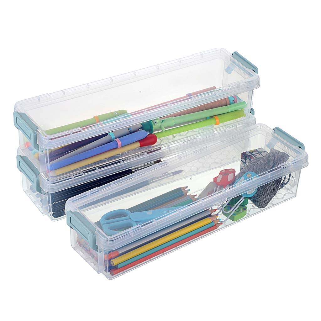 Photo 1 of BTSKY Long Plastic Stackable Box Home, Office Supplies Storage Organizer Box Pencil Boxes Plastic Organizer Holder for Gel Pens Erasers Tape Pens Pencils Markers etc- 3 Pack - Clear with Blue Clip