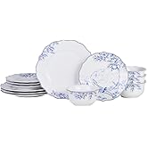 222 Fifth 12-Piece Porcelain Dinnerware Set for 4, Elegant Floral Plates and Bowls Sets- White/Blue Ceramic Dishes, Chip Resistant Kitchen & Dining Dish Set, Microwave & Dishwasher Safe, Hudson Valley