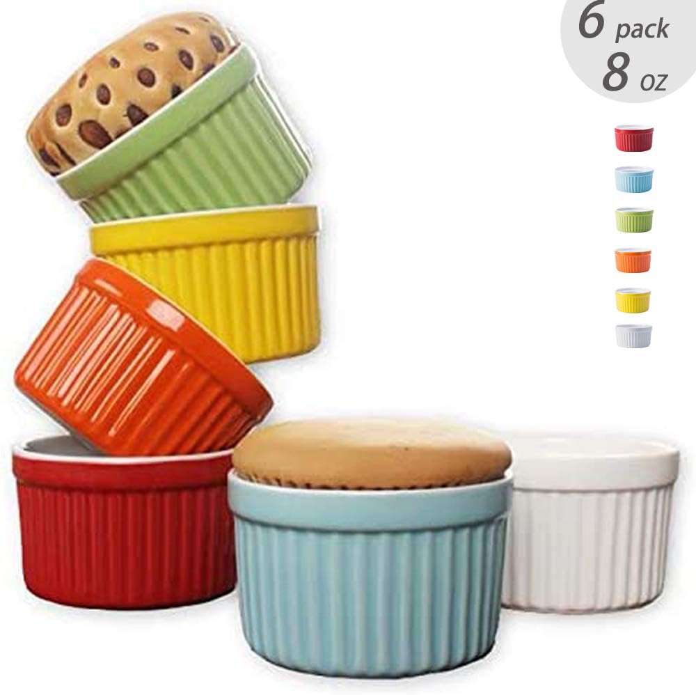 Alopex 8 Ounce Porcelain Souffle Cups - Oven Safe Ramekins for Baking - Porcelain Baking Dish For Souffl&eacute;, Creme Brulee and Ice Cream - Colorful Souffle Dishes (Set of 6)