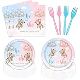 96 Pieces Bear Gender Reveal Party Decorations Supplies He or She Party Tableware Set Pink or Blue Bear Gender Reveal Party Dessert Plates Napkins Forks for 24 Guests Boy or Girl Party Favors