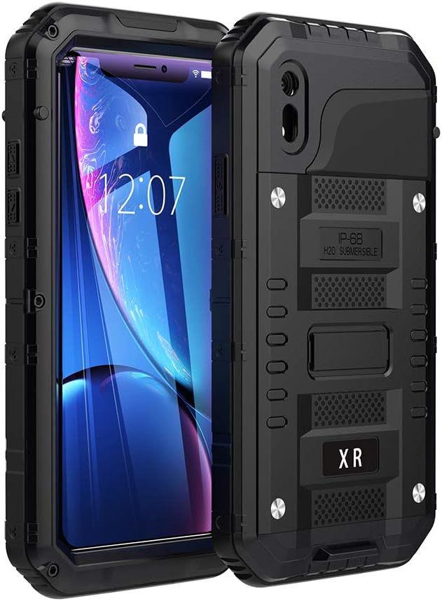 iPhone XR Waterproof Case, Metal Heavy Duty with Screen Full Body Protective Waterproof Shockproof Tough Rugged Hybrid Military Grade Defender Outdoor (Black)