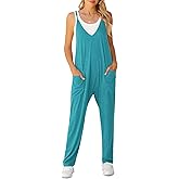 LILBETTER Women's Loose Casual V Neck Sleeveless Jumpsuits Adjustable Spaghetti Straps Long Pants Overalls With Pockets