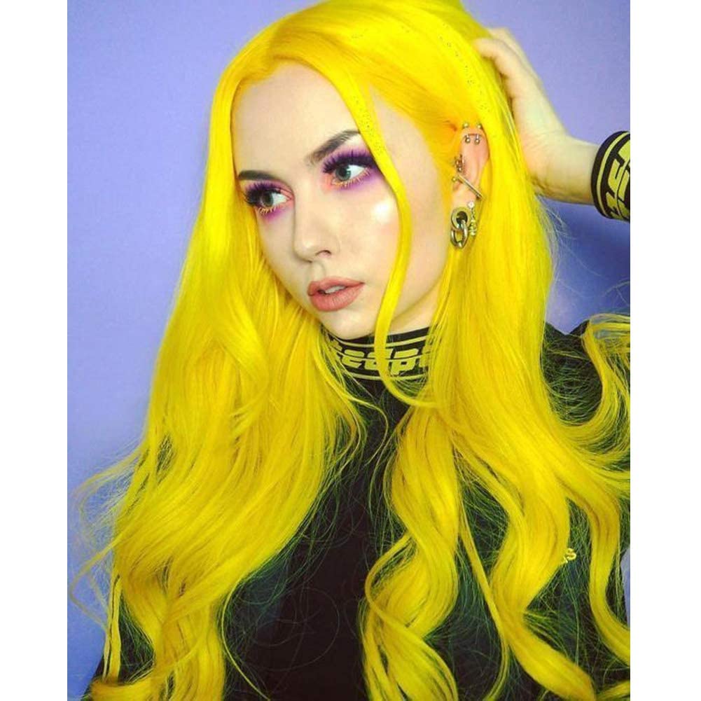 AFBeauty Yellow Lace Front Wig for Women Long Body Wavy Lemon Yellow Glueless Wig Synthetic Heat Resistant Fiber Hair Replacement Wigs for Cosplay Daily Wear