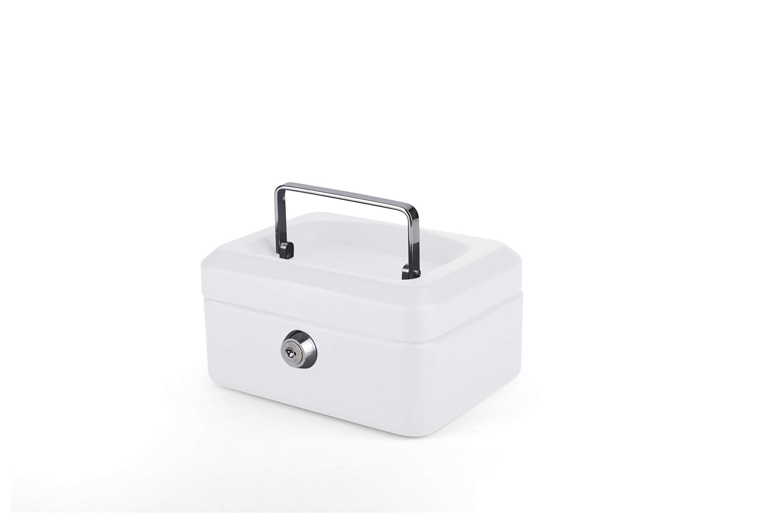 Pavo - Premium 6-Inch Metal Cash Box 15 x 12 x 8 cm with 2 Keys and Removable Change Tray - White