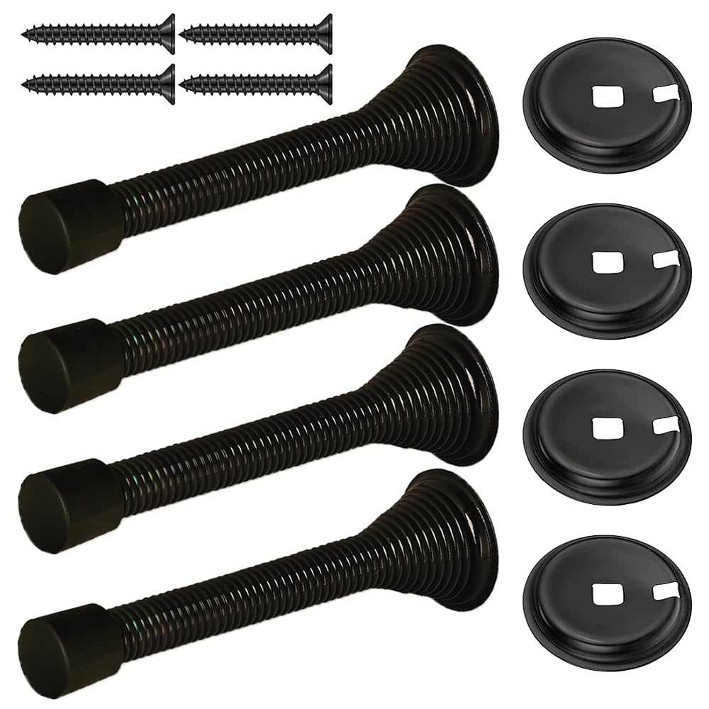 4 Pack Spring Door Stop Black 85mm Metal Door Stoppers with Screws Base Plate Rubber Bumper Tips for Protect Walls and Doors